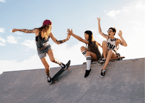 Skaters having fun with skateboards