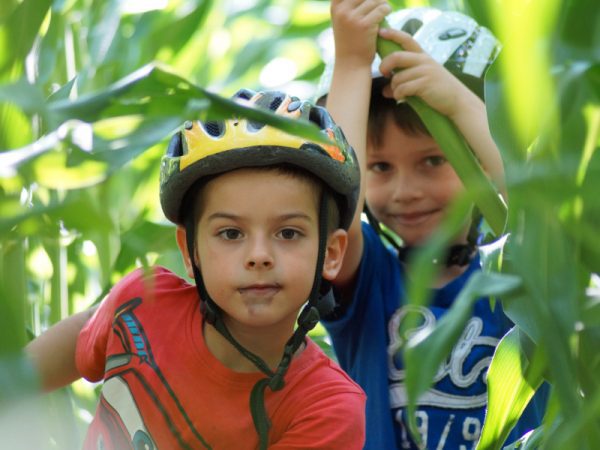 Two kids wearing helmets while playing, surrounded by plants and trees. 
