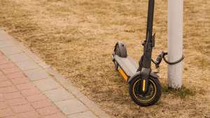 Scooter padlocked for safety.