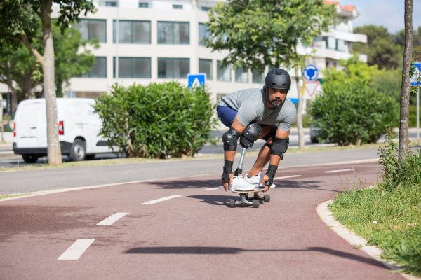 The skater uses statistics to ride his skateboard to safety