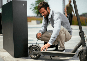 A man inspects each essential part of his electric scooter on the sidewalk to ensure that he will enjoy a smooth ride on the way to his workplace. 