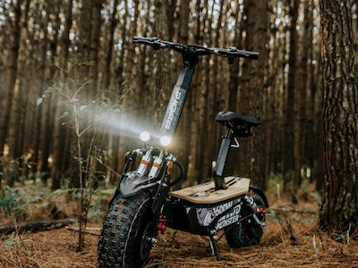 An off-road scooter equipped with top-notch features is parked in the woods.