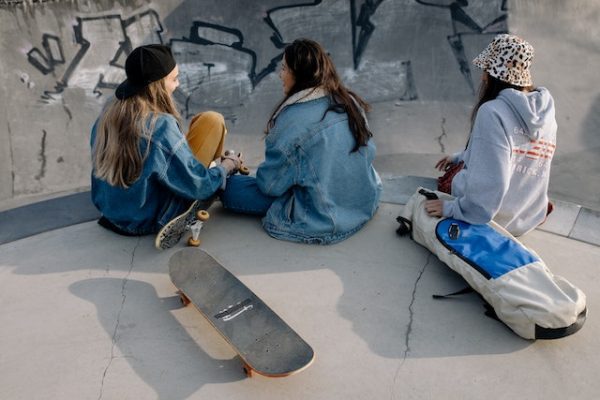 skaters talking after skateboarding.