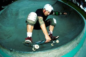 Skateboarding in a skatepark.