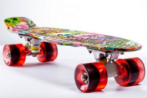 Colorful skateboard with big skateboard wheels