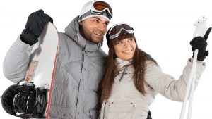 Two person holding skateboards & wearing winter season clothes.