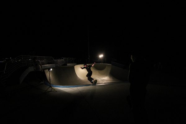 Safety is important when skateboarding at skating ramp late at night. Nighttime skateboarding