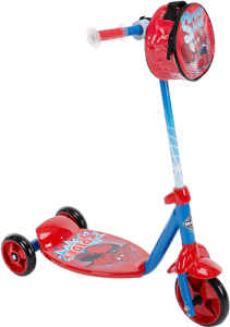 Children's three-wheeled Spiderman-themed scooter with a red and blue design and Spiderman illustrations on the deck and front shield.