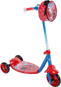 Spiderman-themed scooter with a red and blue design and Spiderman illustrations on the deck and front shield.