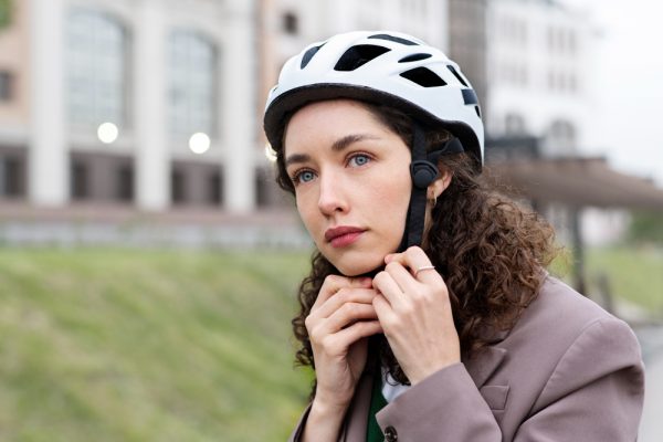 A skateboarder securing the skateboarding helmet.