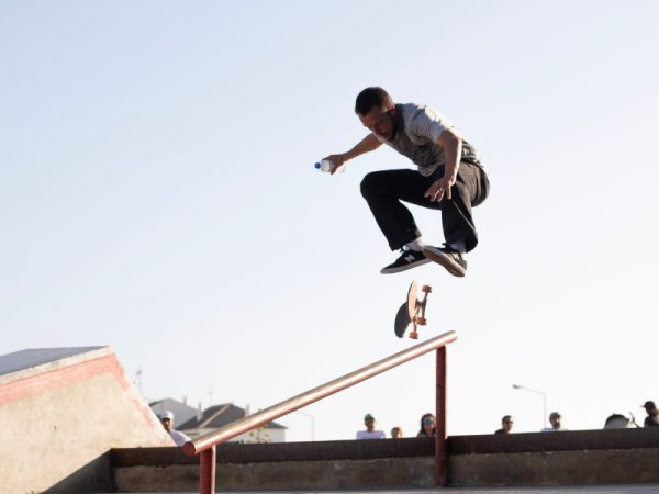A skateboarder performing tricks.