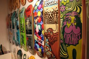 Skateboard Accessories: skateboard decks on a wall