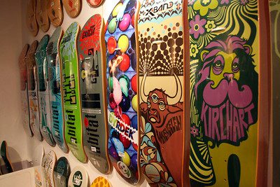 Vibrant and colorful skateboard designs featuring dynamic patterns and graphics for a visually striking and energetic aesthetic in skateboarding.