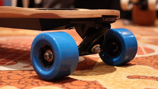 electric skateboard with blue wheels