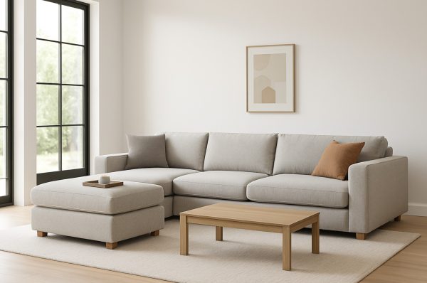 Sectional Couch — L-Shaped with Right-Hand Chaise and Ottoman Modern L-shaped sectional couch with a right-hand chaise and ottoman in a bright Scandinavian living room, performance-linen upholstery and throw pillows.