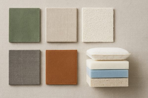 Sectional Couch Fabrics and Cushion Fill Samples Flat-lay of sectional couch upholstery swatches—velvet, linen, bouclé, performance polyester, leather-alternative—with cushion fills (HR foam, memory foam, down-alternative).