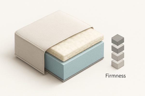Sectional Couch Cushion Layers — Cutaway Diagram Isometric cutaway cushion for a sectional couch showing fabric cover, down-alternative wrap, memory-foam topper, high-resiliency foam core, and dust liner.
