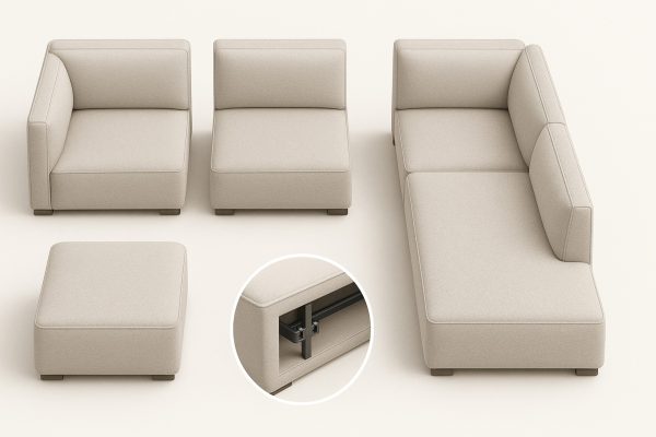 Modular Sectional Couch Components with Connector Detail Top-down render of modular sectional couch pieces—corner, armless, left/right chaise, ottoman—with a zoom on an under-frame metal U-clip connector.