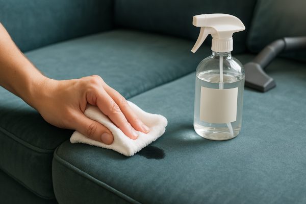 Cleaning a Sectional Couch — Velvet/Linen Spot Treatment Hand blotting a spill on a velvet sectional couch with a white microfiber cloth; spray bottle and upholstery vacuum in the background.