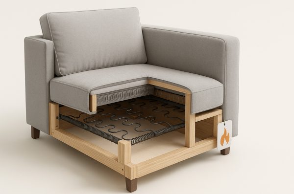 Sectional Couch Frame and Springs — Safety & Construction Exploded corner of a sectional couch revealing kiln-dried hardwood frame, sinuous springs/webbing, plywood base, and a generic flame-safety icon.