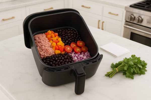 A modern kitchen with an air fryer basket filled with artfully arranged raw chili ingredients on a marble counter.