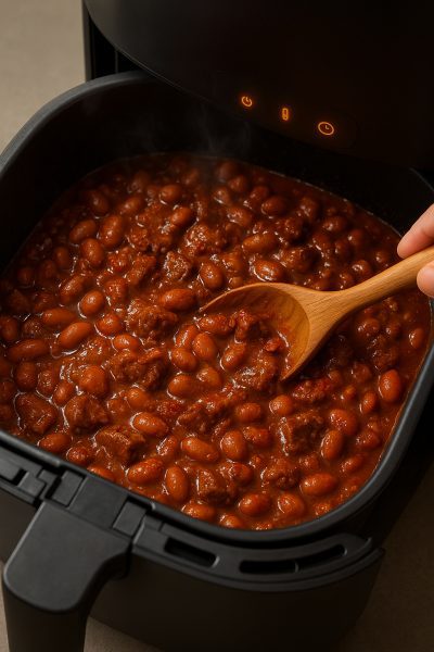 Close-up of hearty chili with beans and beef being gently mixed in an air fryer basket.