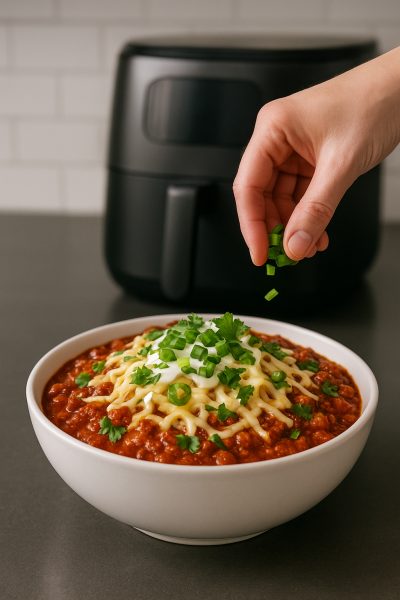 Bowl of chili with melted cheese, sour cream, jalape\u00f1os, and cilantro, with hand adding scallions and air fryer in background.