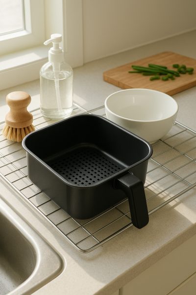Clean air fryer basket and bowl drying on rack by sink, with scrub brush and soap nearby.
