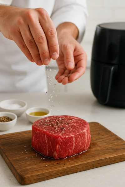 Chef seasoning filet mignon on a wooden board beside air fryer basket.