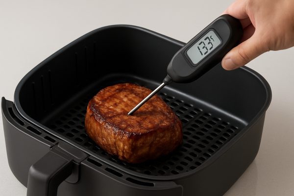 Checking filet mignon temperature in air fryer with digital thermometer.
