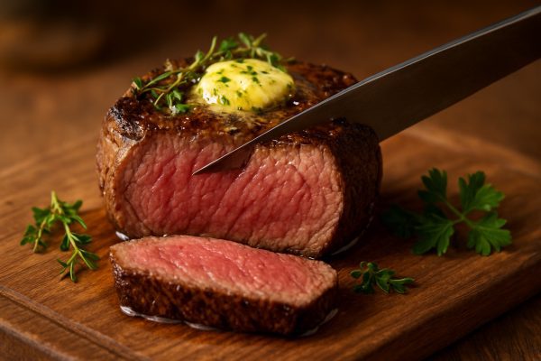Chef slicing rested filet mignon with melted herb butter and fresh herbs.