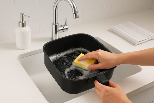 Person cleaning air fryer basket in modern kitchen sink with sponge and soap.