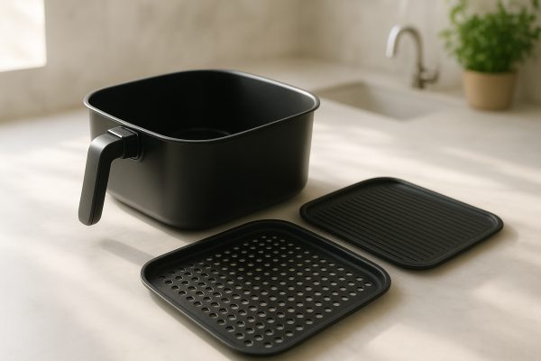 Clean air fryer basket, tray, and liner displayed on a marble countertop in morning light.