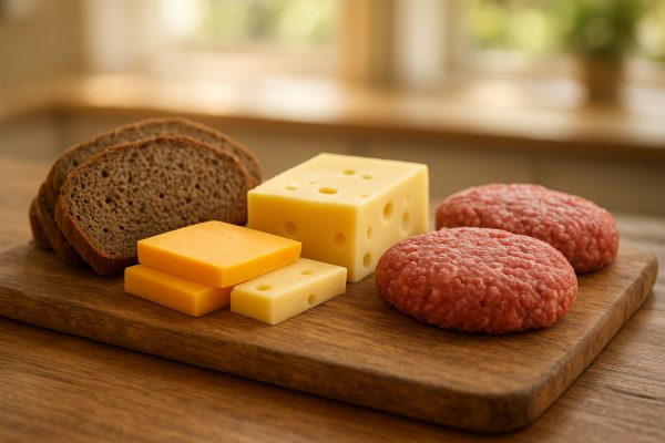 Rye bread, cheese, and raw beef patties on rustic wooden board in sunlit kitchen.