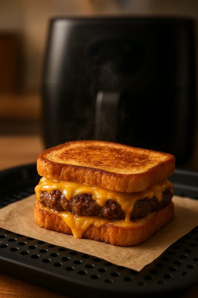 Crispy patty melt with melted cheese on parchment-lined air fryer tray.