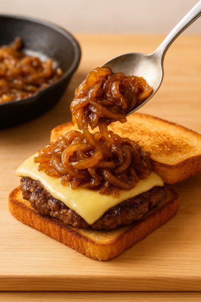 Caramelized onions being spooned onto a patty melt with visible cheese and patty layers.