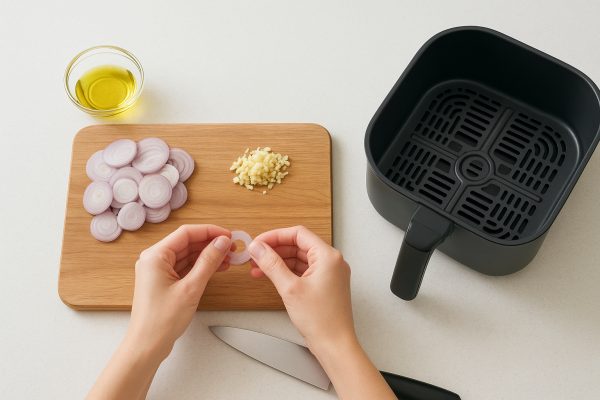 Overhead view of shallots and garlic prepared with oil, knife, and air fryer basket on a minimalist kitchen counter.