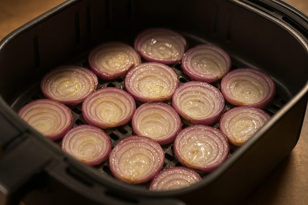 Close-up of oiled shallot slices evenly arranged in an air fryer basket, under warm lighting.