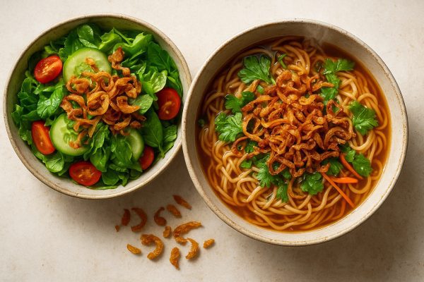 Overhead of salad and noodles topped with crispy golden air fryer shallots and fresh herbs.