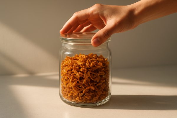 Side view of crispy air fryer shallots being sealed in a glass jar, sunlight streaming in.