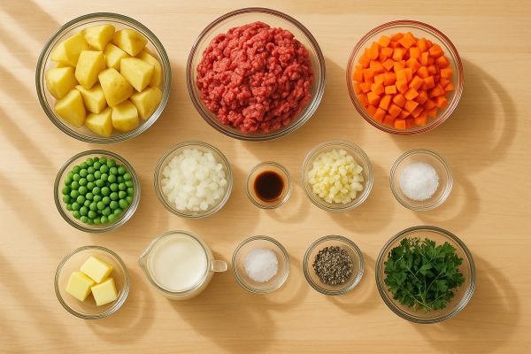 Organized shepherds pie ingredients in glass bowls on a light maple counter, sunlit and ready for air fryer prep.