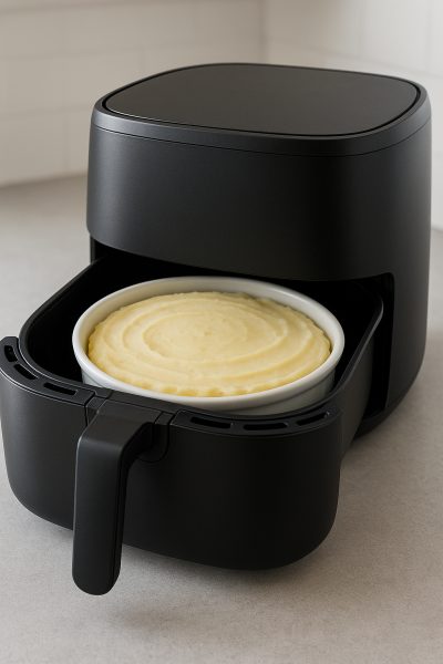 Air fryer basket with white ceramic dish of uncooked shepherds pie, layers visible, on gray stone counter.