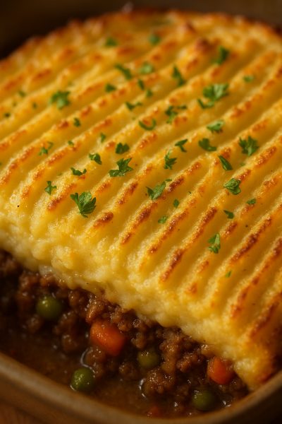 Macro of crisp, golden mashed potato topping on shepherds pie, with parsley garnish and filling peeking out.
