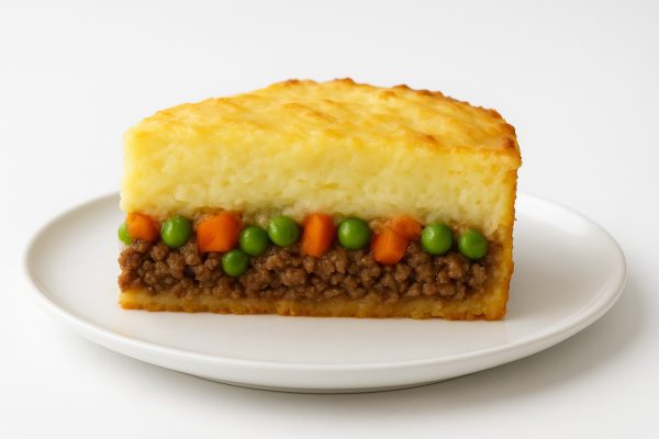 Eye-level cross-section of shepherds pie slice on white plate, layers of beef, vegetables, and mash clearly visible.