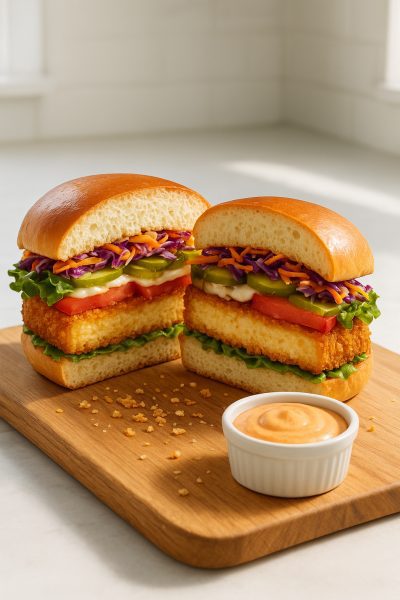 A sliced gourmet air fryer tofu sandwich showing layers of crispy tofu, lettuce, tomato, pickles, and slaw on brioche.