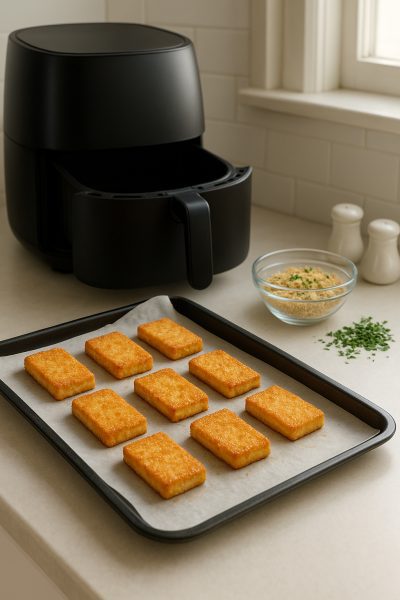 Golden air-fried tofu rectangles on parchment with air fryer and panko bowl in a bright kitchen.