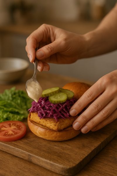 Hands layering purple slaw and pickles on crispy tofu for a sandwich in a softly lit kitchen.