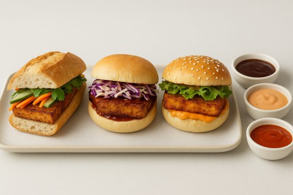 Three air fryer tofu sandwiches: Banh Mi, BBQ, and Spicy Sriracha, each sliced to show vibrant fillings.