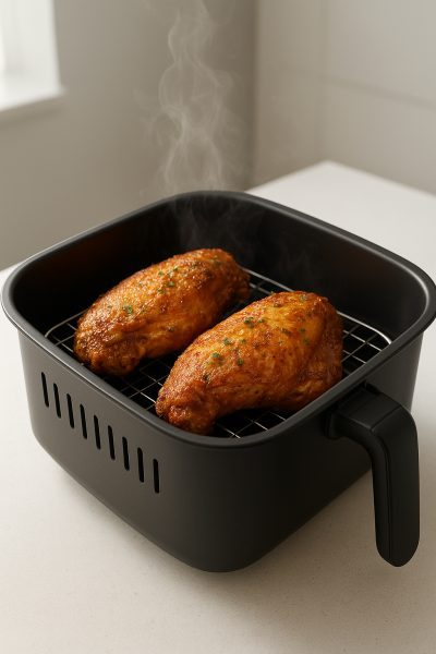 Sleek air fryer basket holding golden, steaming turkey wings on a rack in a bright kitchen.