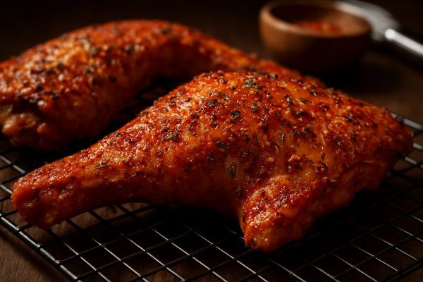 Macro of ultra-crispy, spice-dusted turkey wing skin on a rack, with blurred bowl and brush behind.